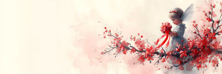 Valentines day banner with angel and cherry blossom branch.の素材