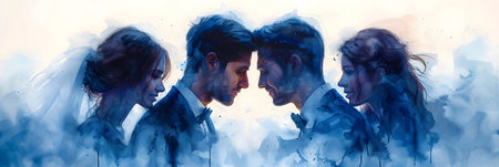 Silhouettes of a group of business people in front of a watercolor backgroundの素材