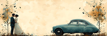 Wedding couple and retro car in the autumn forest. Retro styles.の素材