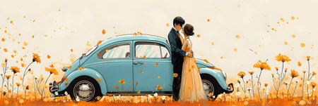 Wedding couple standing near old retro car. Vector illustration.の素材