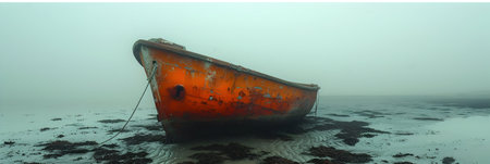 Abandoned boat on the beach in the fog. Panoramaの素材