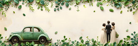 Wedding couple on green leaves background. Happy bride and groom on green leaves background.の素材