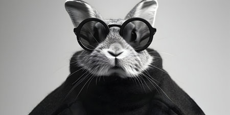Funny portrait of a cat wearing sunglasses on a gray background.の素材