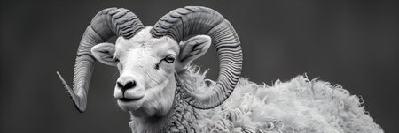 Close up of a ram head on a dark background, monochromeの素材