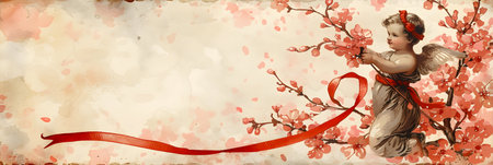 Cute cupid with red ribbon on a cherry blossom background.の素材