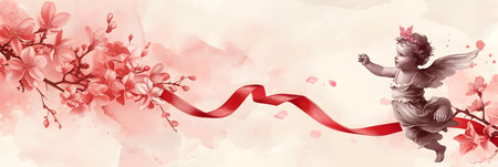 Cute cupid with red ribbon and cherry blossom flower backgroundの素材
