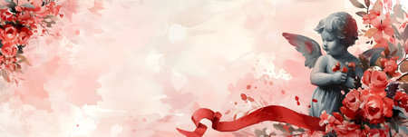 Valentine's day background with cupid and red ribbon.の素材