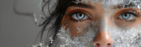 Close-up portrait of young beautiful woman with ice on her faceの素材