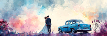 Wedding couple in retro car on colorful watercolor background.の素材