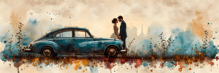 Vintage Couple on the background of the city. Digital watercolor painting.の素材