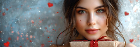 Beautiful young woman with a gift box on a background of heartsの素材