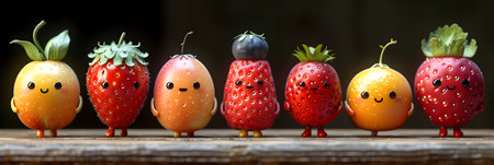 Strawberries with funny faces on a wooden table. Selective focus.の素材