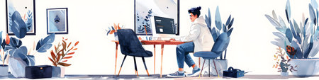 Vector illustration of a young man sitting at a desk in the officeの素材