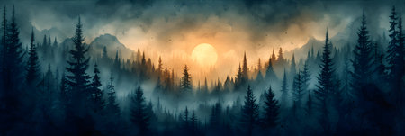 Foggy forest at sunset. Panoramic view of the mountains.の素材