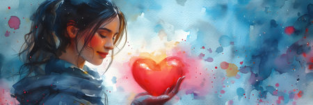3D rendering of a beautiful girl with a red heart in her handsの素材