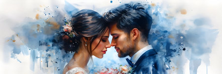 Beautiful wedding couple, bride and groom, against the background of watercolor splashesの素材