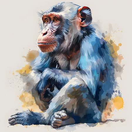 Chimpanzee sitting in front of watercolor background. Vector illustration.の素材