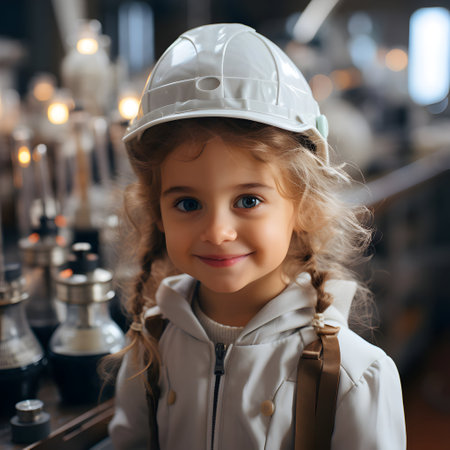 Portrait of a cute little girl in a white helmet and a white coat.の素材