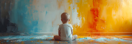 little boy sitting on the floor and looking at the wall with paintの素材