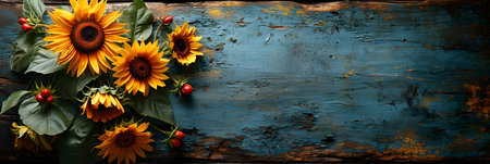 Bouquet of sunflowers on rustic wooden background. Top viewの素材