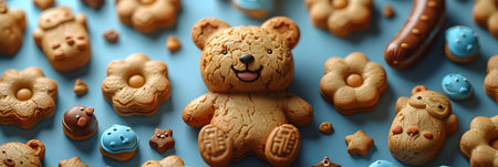 Cute teddy bear cookies on blue background, panoramic shotの素材