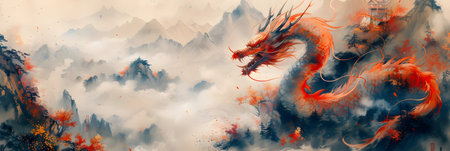 Dragon in fire and smoke on a background of mountains and clouds.の素材