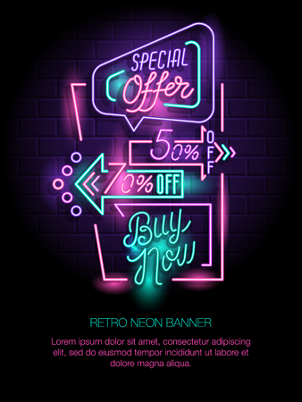 Retro neon sign. Banner with retro neon frame. Buy now, special offer, discountのイラスト素材