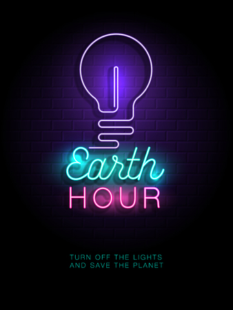 Earth hour neon sign. Poster, banner, flyer, brochure, leaflet, web icon, event poster, placard. Vectorのイラスト素材