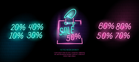 Sale banner with retroneon frame. Neon retro sign buy now special offer and set of disconuts. Templateのイラスト素材