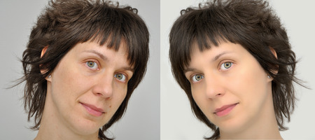 A set of two portraits of the same woman, one before and the other after applying make-up and computer retouchingの写真素材