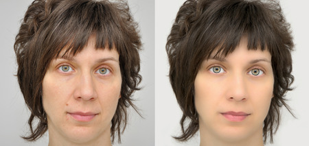 A set of two portraits of the same woman, one before and the other after applying make-up and computer retouchingの写真素材