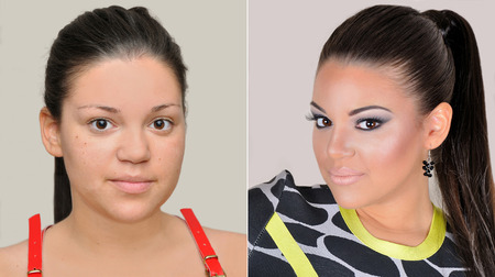 A set of two portraits of the same teenage girl, one before and the other after applying make-up and hairstylingの写真素材