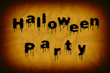 Words Halloween party written out of black dripping letters with the orange texture for backgroundの写真素材