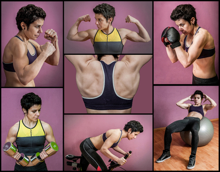 Collage: strong woman exercising in a gymの写真素材