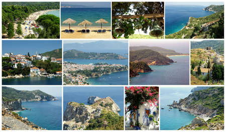 Beautiful island Skiathos: one of the most popular travel destinations in Greece. Collage.の写真素材