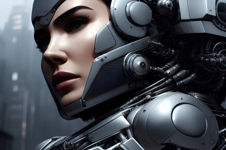 Cyborg woman or a humanoid robot with mechanical body parts. Generative AI.の素材