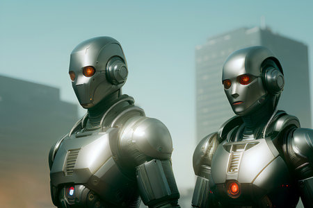 Two futuristic humanoid robots with glowing red eyes in the street in front of the buildings. Generative AI.の素材