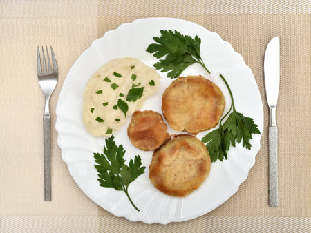 Fried slices of zucchini, fresh parsley leaves and mashed potatoes on the plate, fork and knife on the table. Close-up. Top view.の写真素材