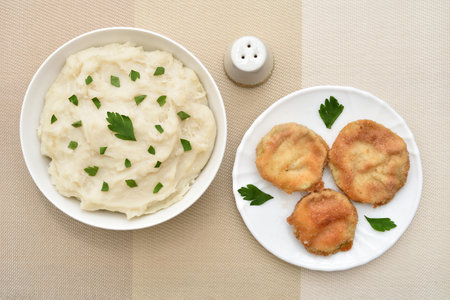 Mashed potatoes with fresh chopped parsley in the white bowl, fried slices of zucchini on the plate and salt shaker on the table. Close-up. Top view.の写真素材