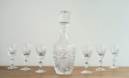 Elegant empty bottle and small crystal glasses with high stem on the brown wooden table. Close-up. Copy space. Selective focus.の写真素材