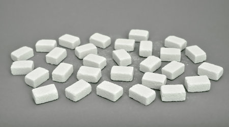 Heap of sugar cubes on the gray background. Selective focus. Stop diabetes and healthy diet concept.の写真素材