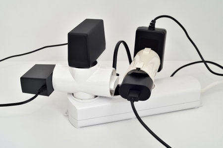 Various electrical appliances plugs connected to the white extension cord. Overloaded power board. Close-up. Concept of unsafety connection and large electricity consumption.の写真素材