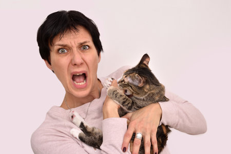 Kitten biting a hand of a surprised woman with open mouth. Isolated on the soft light pink background. People and pets concept.の写真素材