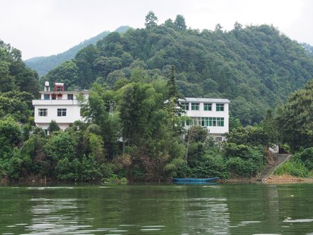 Nature scenery view with river and buildingsのeditorial素材