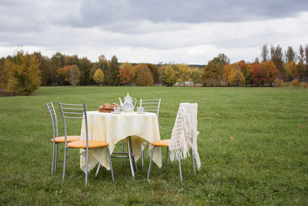 Setout tea table  surrounded by chairs on the field outdoors, autumn landscapeの写真素材