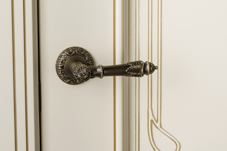 Lock and accessories. The door leaf with a metal handle, close-up.の写真素材