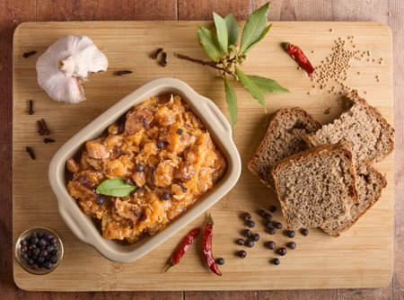 Traditional Polish Bigos Stew with Rye Breadの写真素材