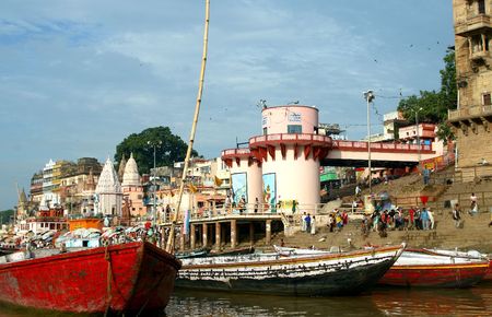 Old boats on Ganges River / Varanasi Indiaの写真素材
