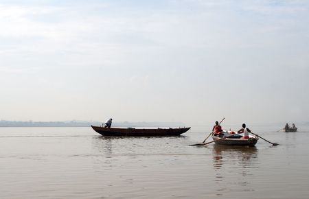 Turistic boats on Ganges Riverの写真素材