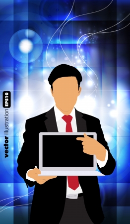 Businessman with laptop computer on technical blue backgroundのイラスト素材